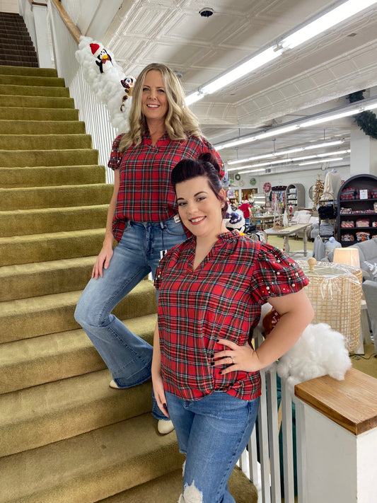 Red Plaid Flannel Top w/ Puff Sleeves + Pearl Detail