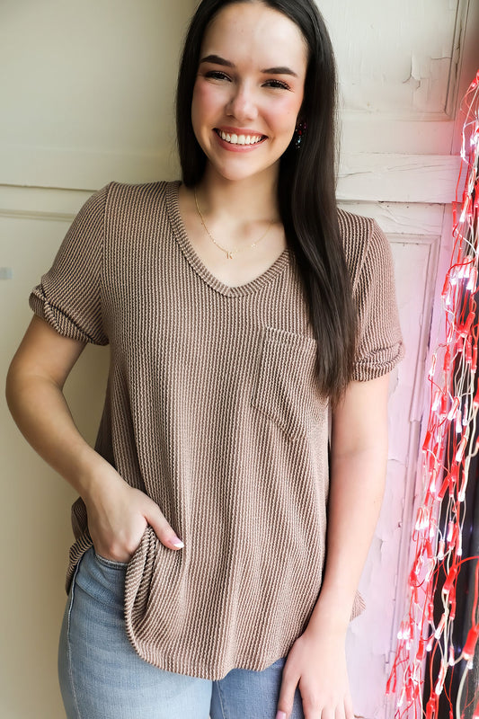 V Neck Short Sleeve Top w/ Rolled Sleeve Hem