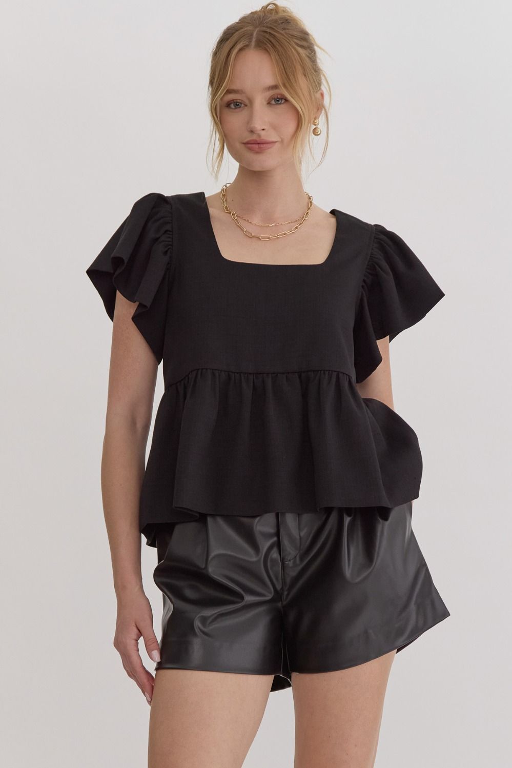 Textured Solid Square Neck Peplum Top w/ Ruffle Sleeves