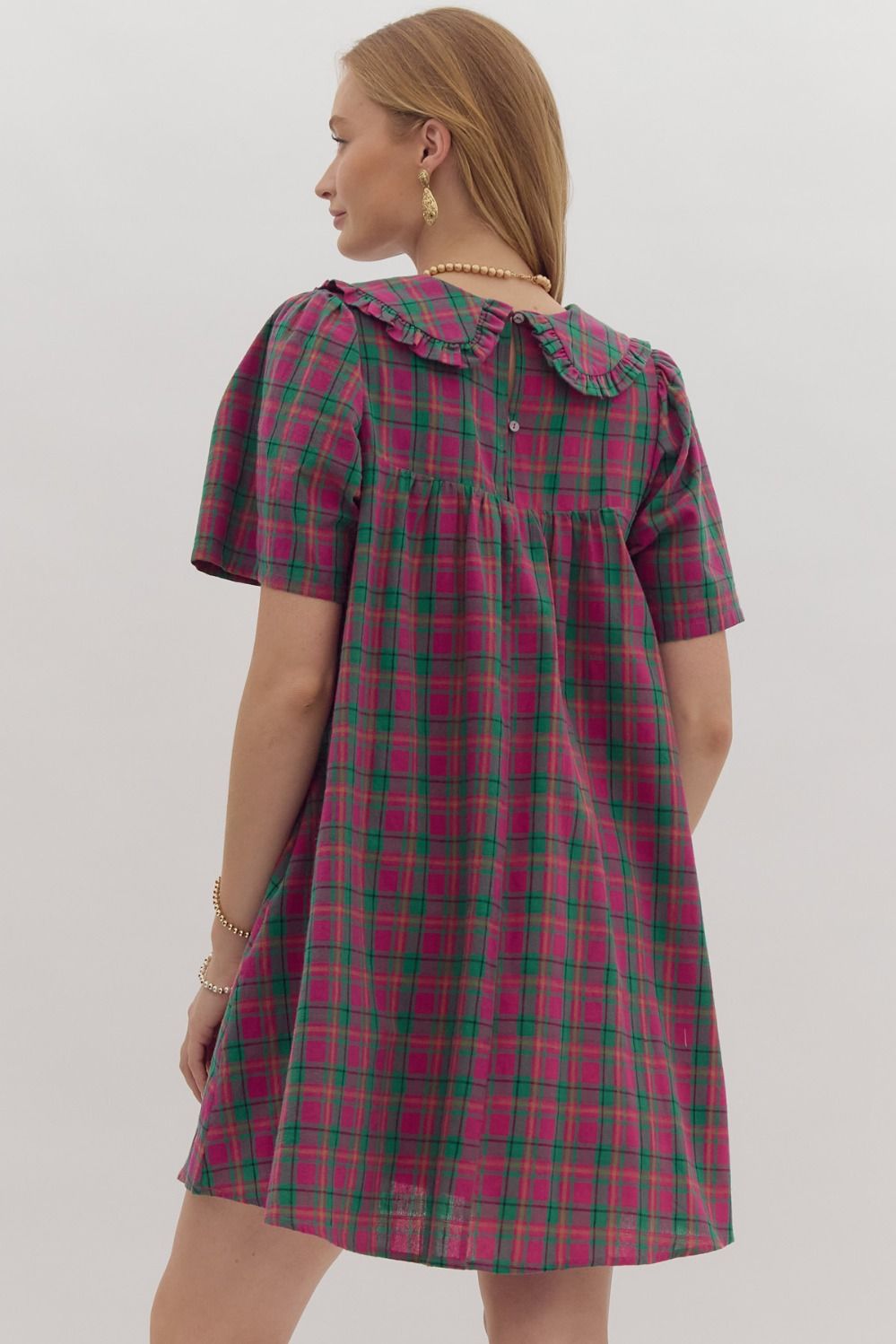 Plaid Print Short Sleeve V-Neck Mini Dress w/ Peter Pan Collar