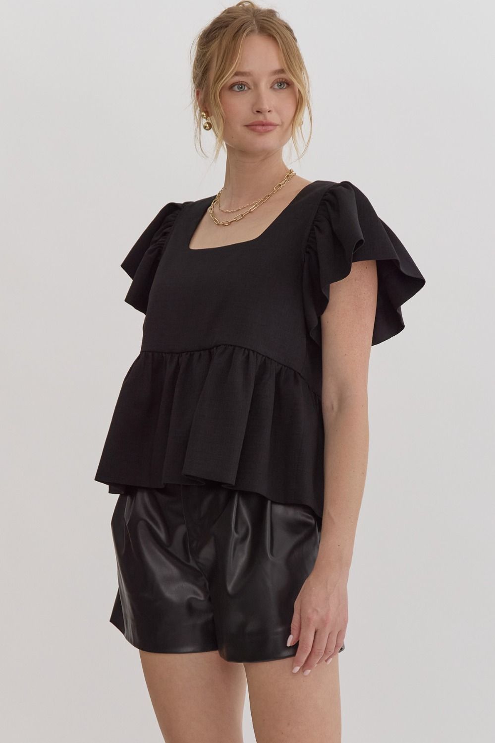 Textured Solid Square Neck Peplum Top w/ Ruffle Sleeves