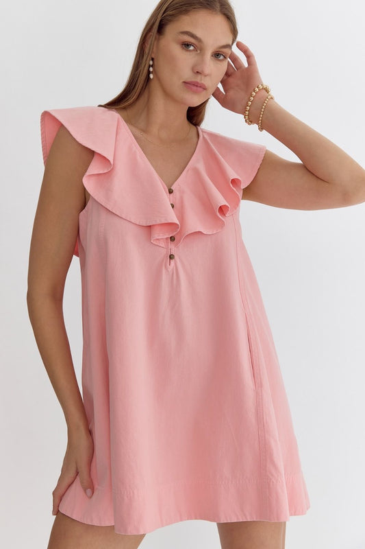 Solid Sleeveless V Neck Mini Dress w/ Ruffle Detail