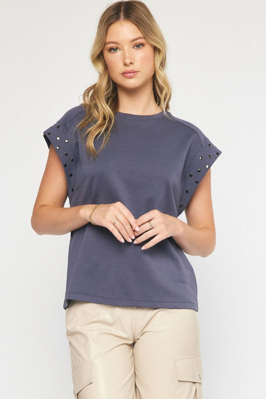 Solid Short Sleeve Top w/ Stud Details