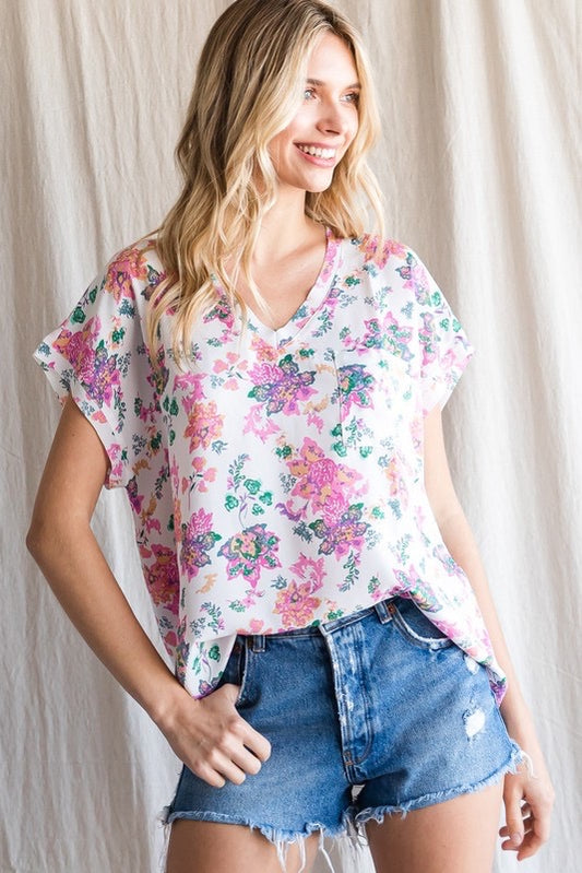 Flower Print Top w/ V-Neck Chest Pocket, Short Sleeves & Curved Hemline