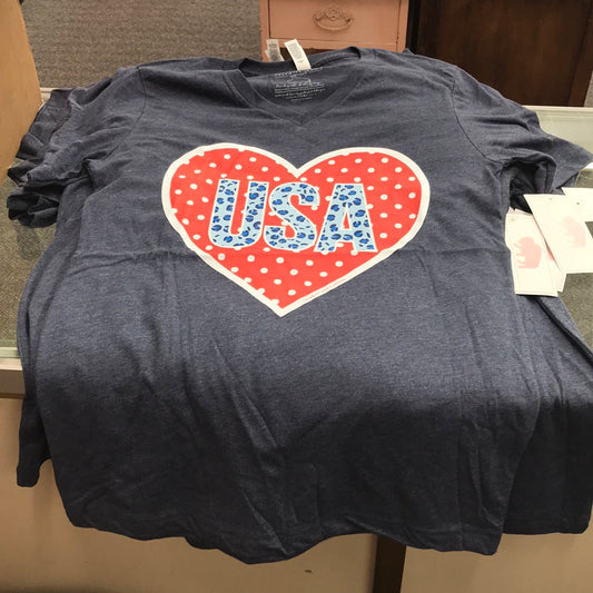 USA Leopard & Polkadot Heart V Neck Tee