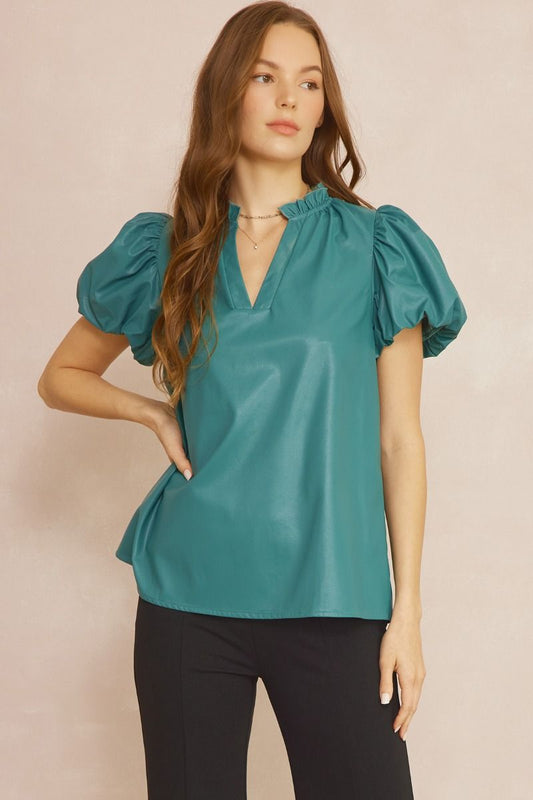 Faux Leather Short Sleeve V Neck Top w/ Ruffle Detail