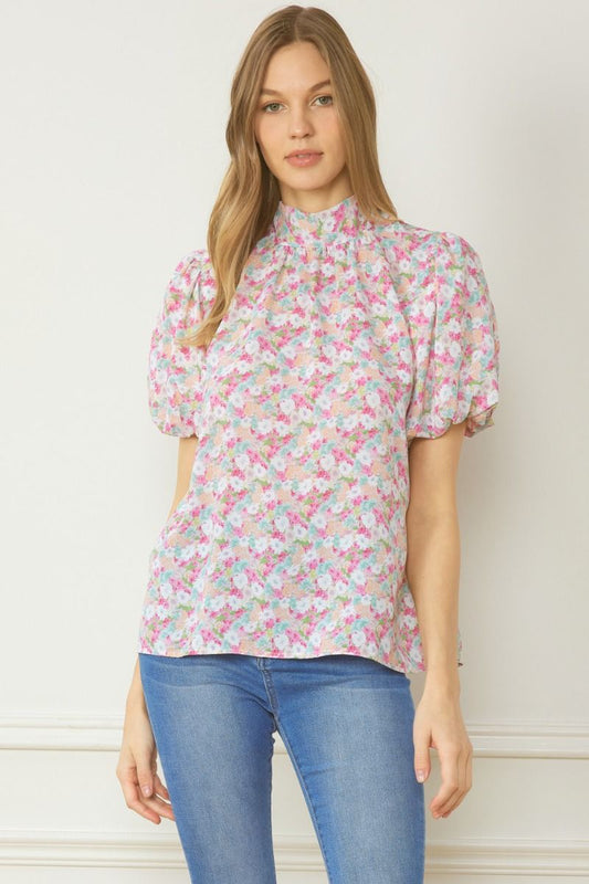 Floral High Neck Bubble Sleeve Top w/ Tie