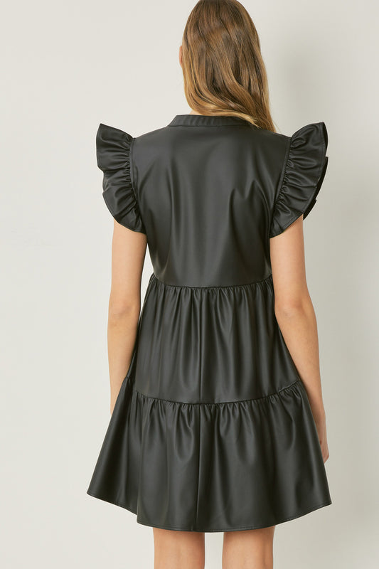 Faux Leather Tiered Mini Dress w/ ruffle Sleeves and Pockets