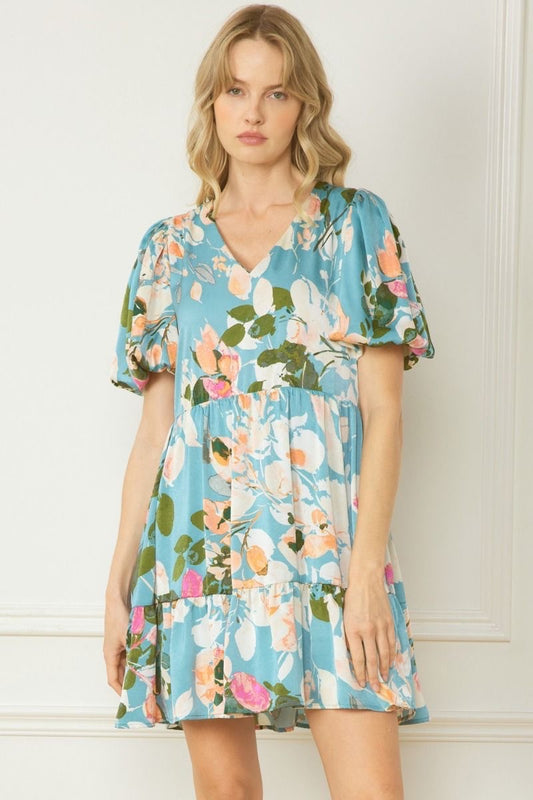 Satin Floral Print V Neck Puff Sleeve Tiered Mini Dress