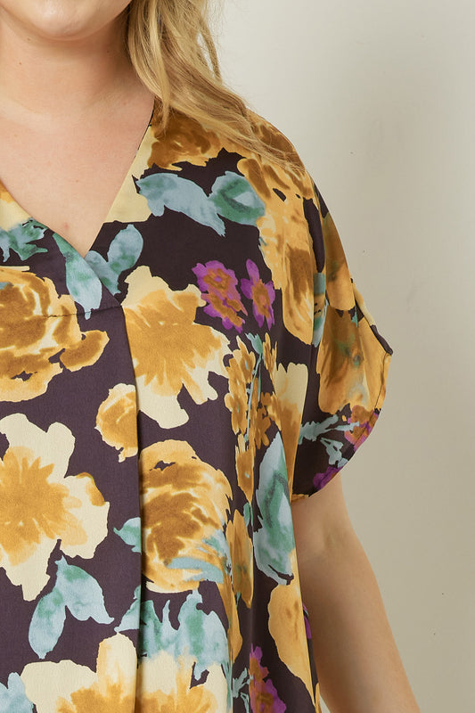 Floral Print V-Neck Short Sleeve Top