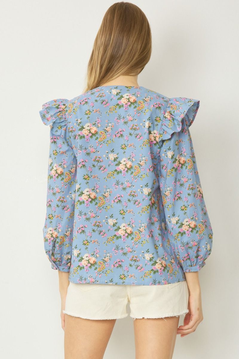 Floral V Neck Long Sleeve Top w/ Pintuck and Ruffle Detail