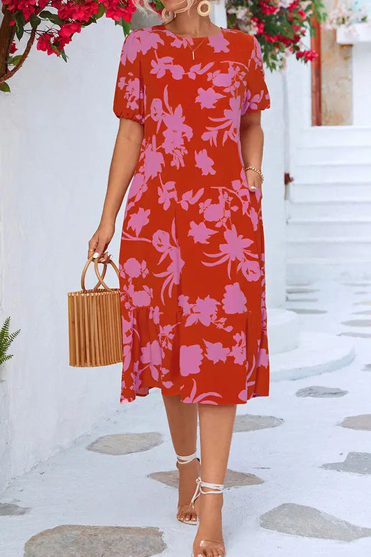 Round Neck Pleated Floral Midi Dress