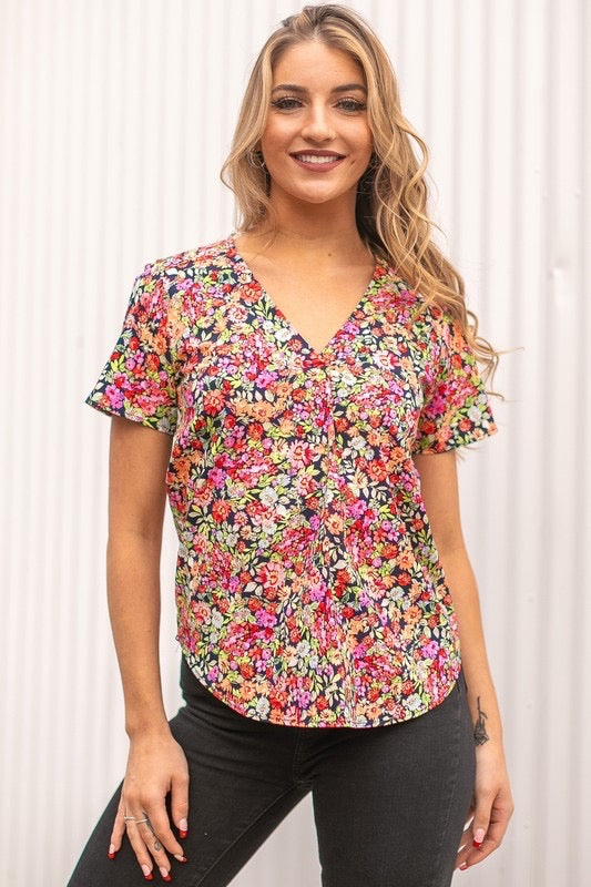 V Neck Floral Printed Top