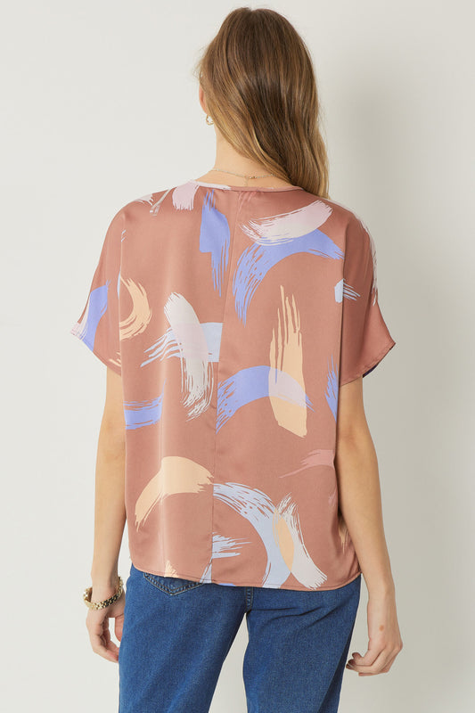 Print v-neck Short Sleeve Top w/ Drop Sholders