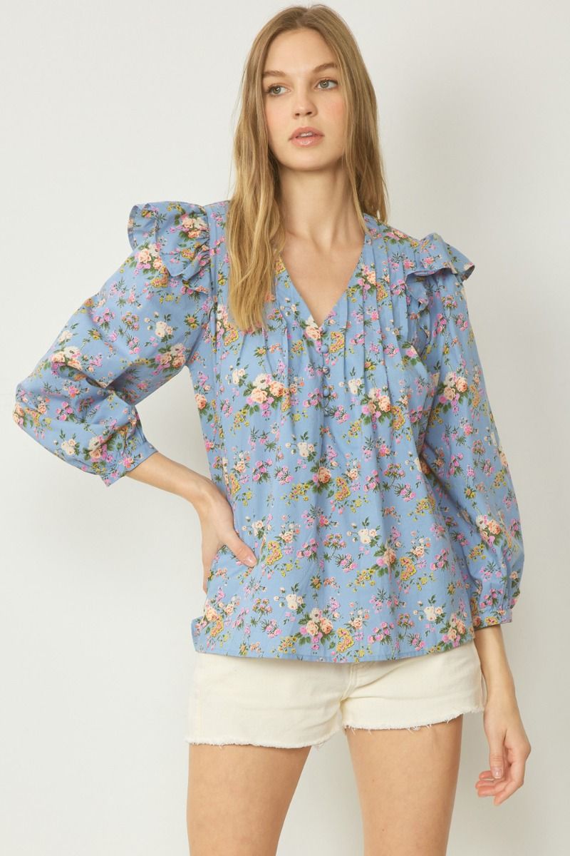 Floral V Neck Long Sleeve Top w/ Pintuck and Ruffle Detail