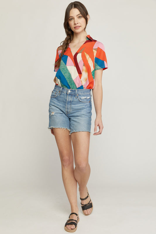 Printed Short Sleeve Faux Wrap Bodysuit with Button Closure At Bust