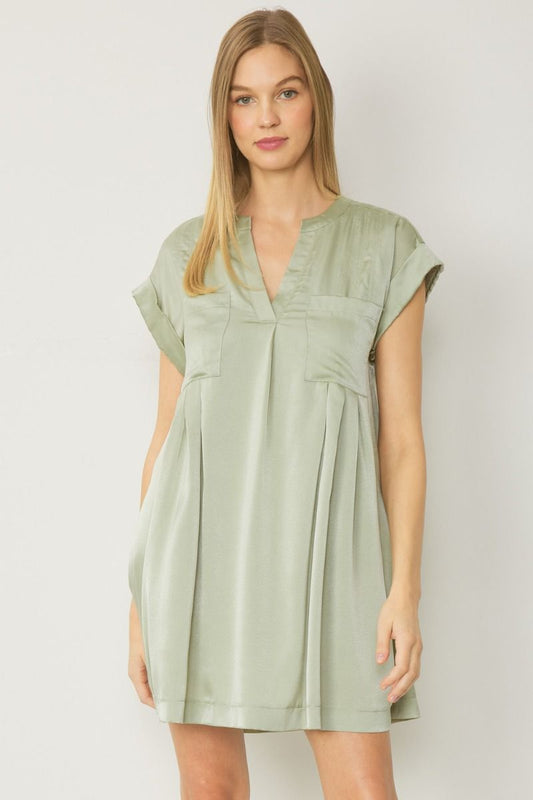 V Neck Short Sleeve Mini Dress w/ Pockets and Rolled Sleeves