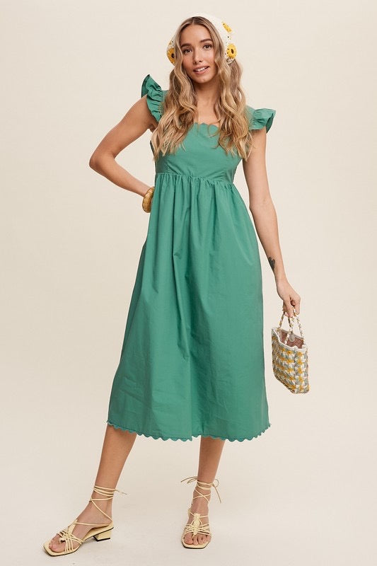 Lace Trimmed Square Neck Ruffle Sleeve Midi Dress